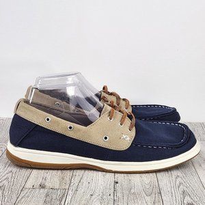 Khombu Womens Boat Shoe Sz 9.5 Tan Navy Sporty Summer Boating Sailing Deck Shoe